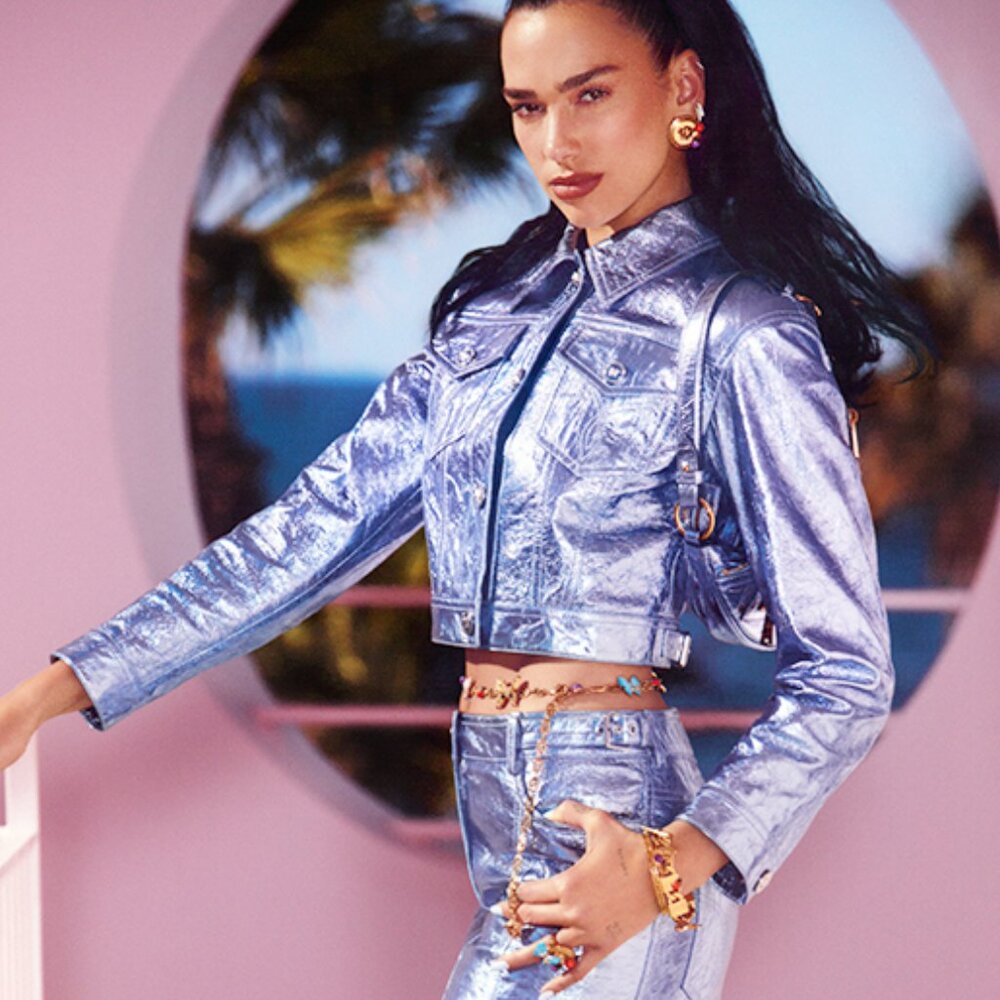RARE!!! VERSACE X DUA LIPA METTALIC LAVENDER LEATHER JACKET!! BARBIE MOVIE!